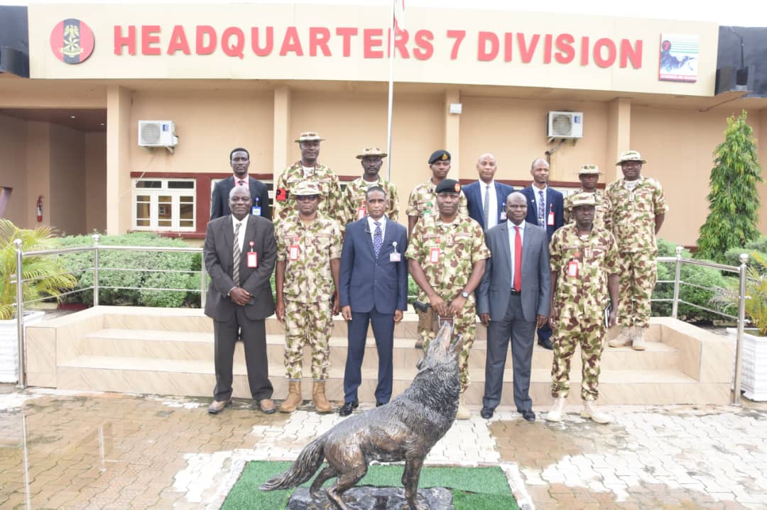 National Centre for the Control of Small Arms and Light Weapons (NCCSALW) Zonal Director,  retired Maj Gen Abubakar Adamu (centre) with Acting GOC 7 Division Nigerian Army Maiduguri, Brig Gen Unachukwu during the visit