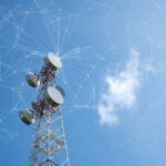 Telecommunication tower with mesh dots, glittering particles for wireless telecommunication technology