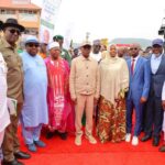 L-R Senator Magnus Abe, former Deputy Speaker of House of Representatives, Chibudom Nwuche, Senator Philip Aduda, the Sakaruyi of Karu, HRH Joseph Danladi Narai, FCT Minister, Nyesom Wike, Minister of State FCT, Mariya Mahmoud, Coordinator STDD, Abdulkadir Zulkiflu, MD Abdul Val Nigeria limited, Suleman Abdul Val, AMAC Chairman, Christopher Maikalangu at the flag off of the reconstruction of Karu road from Karu interchange to Customs hospital junction in AMAC on Wednesday