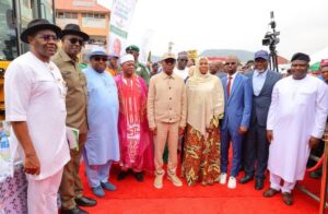 L-R Senator Magnus Abe, former Deputy Speaker of House of Representatives, Chibudom Nwuche, Senator Philip Aduda, the Sakaruyi of Karu, HRH Joseph Danladi Narai, FCT Minister, Nyesom Wike, Minister of State FCT, Mariya Mahmoud, Coordinator STDD, Abdulkadir Zulkiflu, MD Abdul Val Nigeria limited, Suleman Abdul Val, AMAC Chairman, Christopher Maikalangu at the flag off of the reconstruction of Karu road from Karu interchange to Customs hospital junction in AMAC on Wednesday