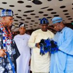 The SGF, Sen. George Akume receiving a gift of the Igede traditional cloth at the Igede Agba Festival.