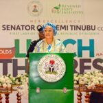 First Lady of Nigeria, Oluremi Tinubu briefing the press on the Oluremi@65 Education Fund while (L-R) Special Adviser to the President on Information and Strategy Mr Bayo Onanuga, Wife of the Vice President Hajia Nana Shettima, Wife of the Speaker House of Representatives, Hajia Fatima Tajudeen Abass and Wife of the Deputy Senate President Hajia Laila Barau, listen during the Lunch with the Press at the State House Abuja on Tuesday 23rd September, 2025