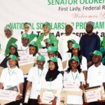 L-R: First Lady Imo State,  Chioma Uzodimma; wife of the Chief of Staff to the president, Salamatu Gbajabiamila; Wife of Vice President Nana Shettima; First Lady of Nigeria Oluremi Tinubu; wife of the Kwara state governor, Olufolake AbdulRasaq; Minister of Education, Tunji Alausa, and Director General of NITDA, Mallam Kashifu Inuwa Abdullahi, during the, Mid-Term Assessment and Interactive Session with Renewed Hope Initiative National Scholars, held in Abuja Tuesday, September 9, 2025.