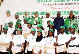 L-R: First Lady Imo State,  Chioma Uzodimma; wife of the Chief of Staff to the president, Salamatu Gbajabiamila; Wife of Vice President Nana Shettima; First Lady of Nigeria Oluremi Tinubu; wife of the Kwara state governor, Olufolake AbdulRasaq; Minister of Education, Tunji Alausa, and Director General of NITDA, Mallam Kashifu Inuwa Abdullahi, during the, Mid-Term Assessment and Interactive Session with Renewed Hope Initiative National Scholars, held in Abuja Tuesday, September 9, 2025.