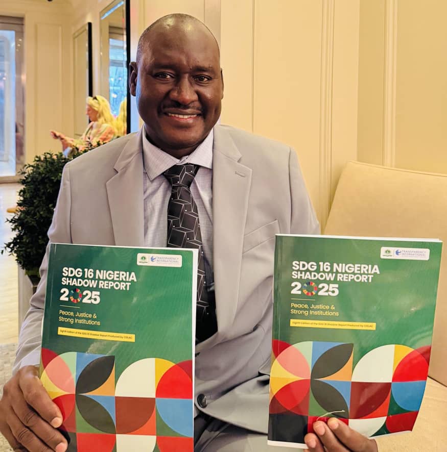 Executive Director of CISLAC and Head of Transparency International Nigeria, Auwal Musa Rafsanjani, presenting the 8th Nigeria SDG 16 Shadow Report, on the sidelines of the 80th United Nations General Assembly in New York on September 25, 2025