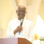 Minister of the Federal Capital Territory (FCT) Nyesom Wike at the funeral service of first female Head of Service of the Federal Capital Territory Administration (FCTA), Late Grace Adayilo, held at the Christian Ecumenical Centre in Abuja, on Saturday September 20, 2025