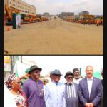 Top Caption: A part of the Wuye district section of the arterial road N1 from Wuye district to Ring Road II flagged off by the FCT Minister, Nyesom Wike on Thursday. Bottom: Ag Head of FCTA Civil Service, Nancy Nathan, Magnus Abe, FCT Minister, Nyesom Wike, George Sekibo, GM Arab Contractors Nigeria limited, Wa’el Faruk at the flag off of full scope development of arterial road N1 from Wuye district to Ring Road II, Abuja on Thursday
