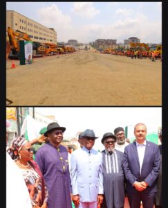 Top Caption: A part of the Wuye district section of the arterial road N1 from Wuye district to Ring Road II flagged off by the FCT Minister, Nyesom Wike on Thursday. Bottom: Ag Head of FCTA Civil Service, Nancy Nathan, Magnus Abe, FCT Minister, Nyesom Wike, George Sekibo, GM Arab Contractors Nigeria limited, Wa’el Faruk at the flag off of full scope development of arterial road N1 from Wuye district to Ring Road II, Abuja on Thursday
