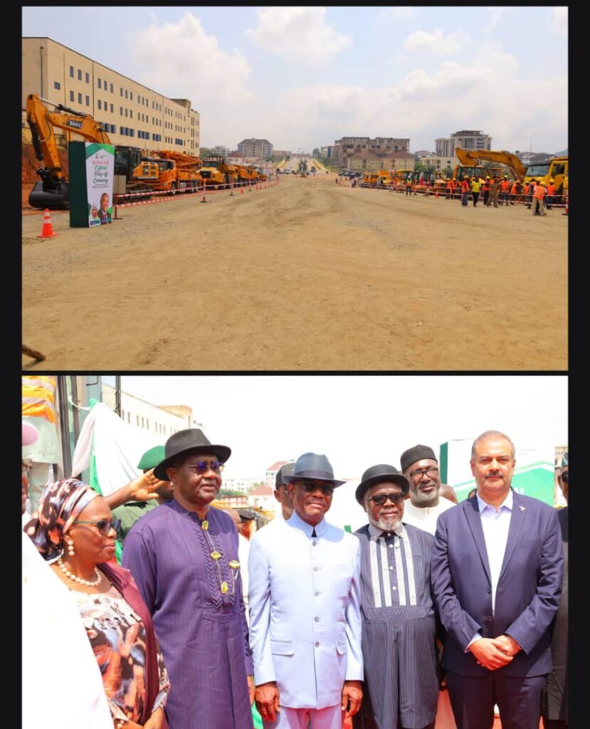 Top Caption: A part of the Wuye district section of the arterial road N1 from Wuye district to Ring Road II flagged off by the FCT Minister, Nyesom Wike on Thursday. Bottom: Ag Head of FCTA Civil Service, Nancy Nathan, Magnus Abe, FCT Minister, Nyesom Wike, George Sekibo, GM Arab Contractors Nigeria limited, Wa’el Faruk at the flag off of full scope development of arterial road N1 from Wuye district to Ring Road II, Abuja on Thursday