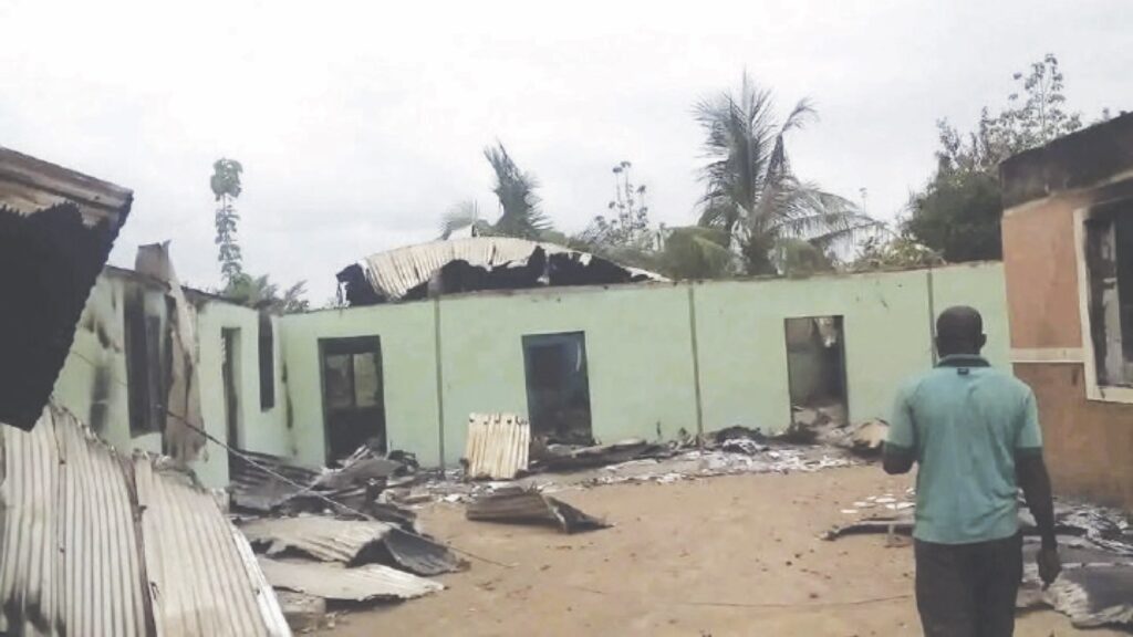 A big building razed in the Ekpaomaka and Inyimegu crisis