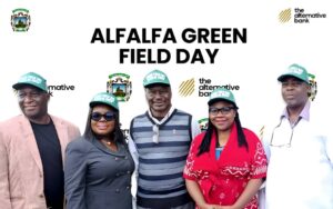 L-R: Yakubu Ayuba, Registrar, Plateau State University (PLASU); Ugonwa Ikegwuonu, Head, Agric Finance, The Alternative Bank; Dr. Steven Akpa, Hon. Commissioner of Livestock Development, Plateau State; Professor Keziah Kaslong, Deputy Vice-Chancellor (Administration), PLASU, and Associate Professor Hosea Istifanus Finangwai, Dean, Faculty of Agric, PLASU and Lead, Alfalfa Project Research Team, at the Alfalfa Green Field Day in Bokkos, Plateau