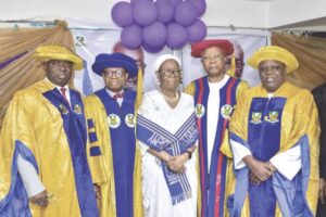 L-R- Director of Programme, Lolu Ojo; Baale; Lady Joan Atueyi, widow of Atueyi; Prince Adelusi-Adeluyi, and Vice-president, Alhaji Ahmed Yakasai, at the event.