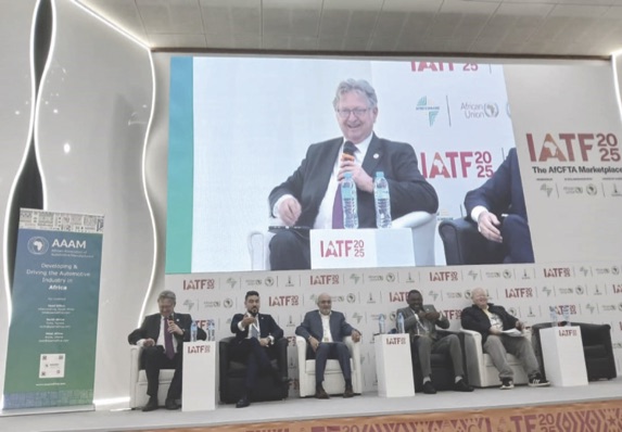Managing director of Stellantis Sub-Sahara Africa, Mr. Mike Whitfield (on the giant screen), and other discussants at the IATF 2025