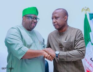 Plateau State Governor, Caleb Mutfwang (left) with President of the Nigerian Guild of Editors, Mr. Eze Anaba, during the meeting in Jos