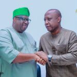 Plateau State Governor, Caleb Mutfwang (left) with President of the Nigerian Guild of Editors, Mr. Eze Anaba, during the meeting in Jos