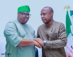 Plateau State Governor, Caleb Mutfwang (left) with President of the Nigerian Guild of Editors, Mr. Eze Anaba, during the meeting in Jos