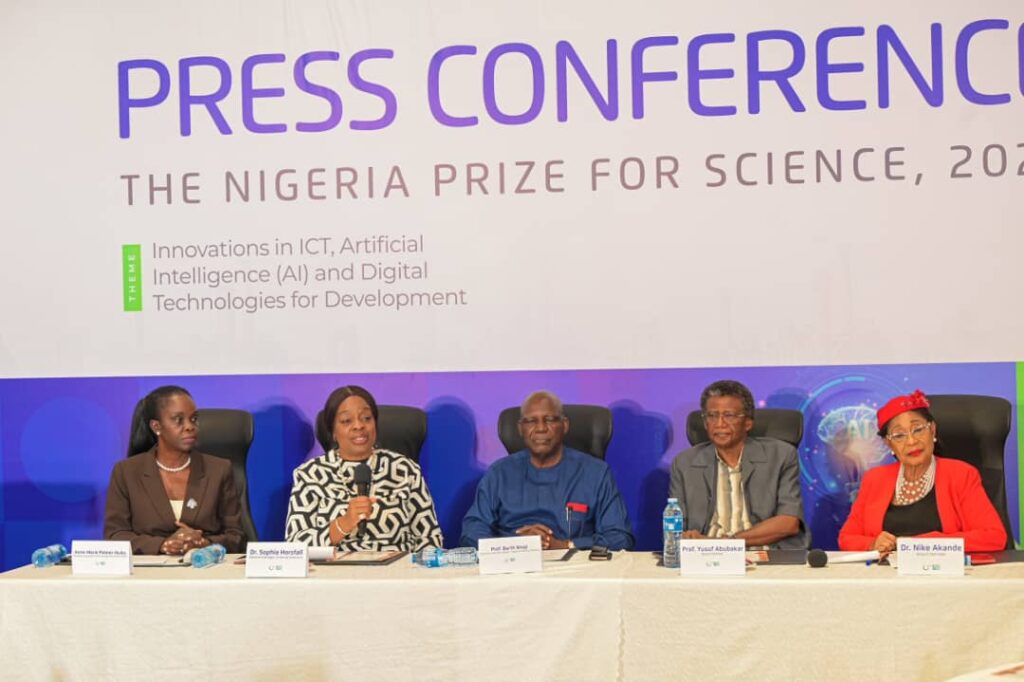 L-R: Anne-Marie Palmer-Ikuku, Manager, Corporate Communications & Public Affairs; Dr. Sophia Horsfall, GM, External Relations & Sustainable Development; Prof. Barth Nnaji, Chairman, Advisory Board, The Nigerian Prize for Science; Prof Yusuf Abubakar; and Dr. Nike Akande, Board Members at the press conference on the 2025 science prize outcome in Lagos on Wednesday
