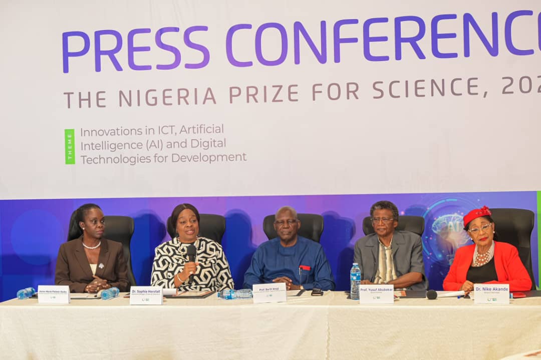 L-R: Anne-Marie Palmer-Ikuku, Manager, Corporate Communications & Public Affairs; Dr. Sophia Horsfall, GM, External Relations & Sustainable Development; Prof. Barth Nnaji, Chairman, Advisory Board, The Nigerian Prize for Science; Prof Yusuf Abubakar; and Dr. Nike Akande, Board Members at the press conference on the 2025 science prize outcome in Lagos on Wednesday