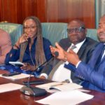 L-R: Senior Special Assistant to the President on Finance and Economic, Adenike Olaoye; Special Adviser to the President on Information and Strategy, Bayo Onanuga; Chairman, Federal Inland Revenue Service (FIRS), Zaccheus Adedeji; Special Adviser to President on Media and Public Communications, Sunday Dare and Senior Special Assistant to the President on Digital/ New Media, O’tega Ogra, during the meet the press briefing, at the Presidential Villa Abuja, Tuesday September 23, 2025