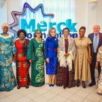 L-R First Lady of Sao Tome and Principe, Mme Fatima Vila Nova, First Lady of Senegal, Marie Khone Faye Absa Faye, first Lady of Central African Republic, Madam Brigitte Touadera, First Lady of Gambia, Madam Fatima Bah Barrow, CEO of MERCK Foundation, Senator Rasha Kelej, First Lady of Nigeria Senator Oluremi Tinubu, First Lady of Burundi, Madam Angeline Ndayishimiye, Chairman Board of Trustees of MERCK Foundation, Prof Frank Haverkamp and First Lady of Liberia, Mrs Kartumu Yarta Boakai after the unveiling of the Ray of Hope Animation Pictures on the fight of cancer in children at the 12th Edition of the MERCK Foundation First Ladies Initiative Committee Meeting in Banjul on Wednesday 15th October, 2025