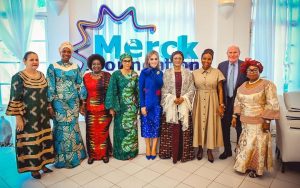 L-R First Lady of Sao Tome and Principe, Mme Fatima Vila Nova, First Lady of Senegal, Marie Khone Faye Absa Faye, first Lady of Central African Republic, Madam Brigitte Touadera, First Lady of Gambia, Madam Fatima Bah Barrow, CEO of MERCK Foundation, Senator Rasha Kelej, First Lady of Nigeria Senator Oluremi Tinubu, First Lady of Burundi, Madam Angeline Ndayishimiye, Chairman Board of Trustees of MERCK Foundation, Prof Frank Haverkamp and First Lady of Liberia, Mrs Kartumu Yarta Boakai after the unveiling of the Ray of Hope Animation Pictures on the fight of cancer in children at the 12th Edition of the MERCK Foundation First Ladies Initiative Committee Meeting in Banjul on Wednesday 15th October, 2025