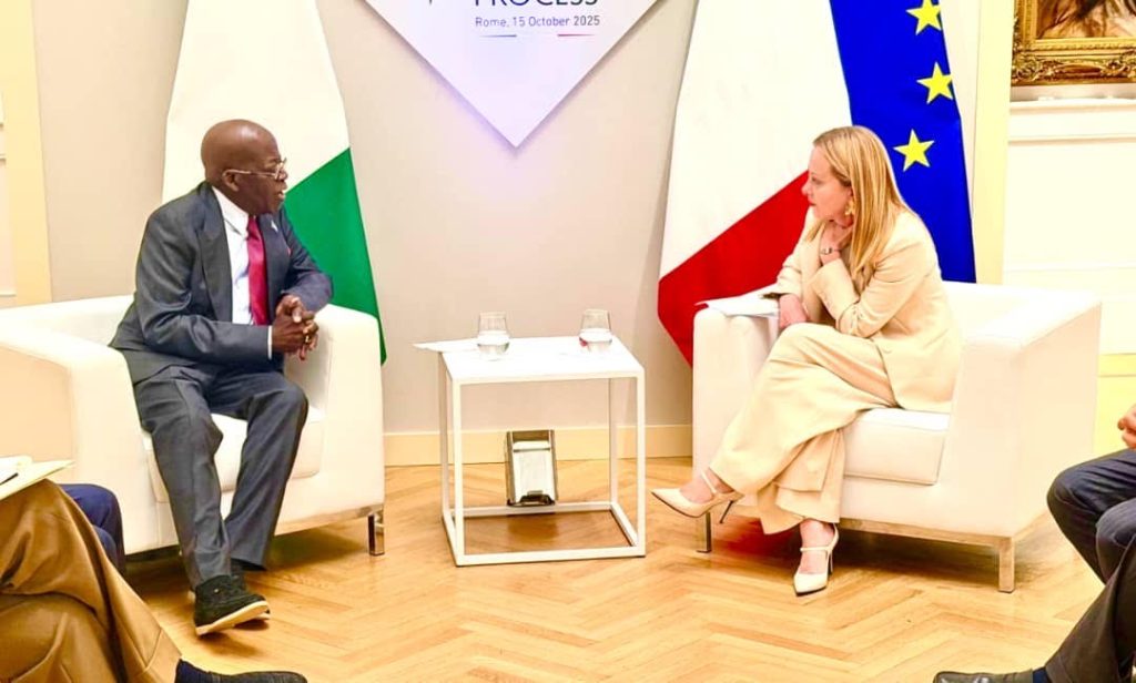 President Bola Tinubu with Italian Prime Minister Giorgia Meloni during Bilateral Meeting at Gallaeria Nazionale d’ Arte Modernae Contemporanea, Rome, Italy on 15/10/2025 (Photo State House)