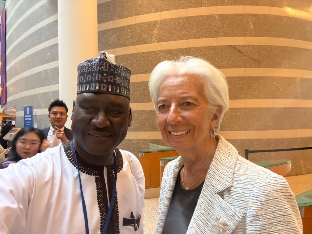 Executive Director of the Civil Society Legislative Advocacy Centre (CISLAC) and Head of Transparency International Nigeria, Auwal Musa Rafsanjani with Christine Lagarde and former Managing Director of the International Monetary Fund (IMF) from July 2011 until September 2019 at the 2025 International Monetary Fund (IMF) and World Bank Annual Meetings in Washington D.C