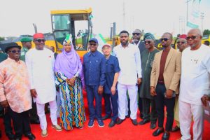 National Vice Chairman, APC South-South, Victor Gaidom, Mao Ohuabunwa, Minister of State, FCT, Mariya Mahmoud, FCT Minister, Nyesom Wike, Managing Director, CGC, Zhong Xiang, former Super Eagles Captain, Joseph Yobo, Executive Secretary FCDA Engr Richard Yunana Dauda, Coordinator, STDD, Hon Abdulkadir Zulkiflu, Chairman, FCT Civil Service Commission, Emeka Eze, at the flag off of construction of the Main Carriageways of Outer Southern Expressway (OSEX) from Ring Road I junction to Ring Road II junction..Abuja on Wednesday, October 15, 2025