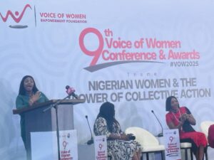 Ogun State Commissioner for Women Affairs and Social Development, Adijat Adeleye-Oladapo, at the 9th Voice of Women Conference and Awards during the  Fireside Chat: “Breaking Barriers through the Power of Community”, on Thursday, October 2, 2025, in Abuja