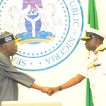 L-R: President Bola Ahmed Tinubu, Decorating the Newly appointed Chief of Army Staff, Lieutenant General Waidi Shaibu, at the Presidential Villa Abuja