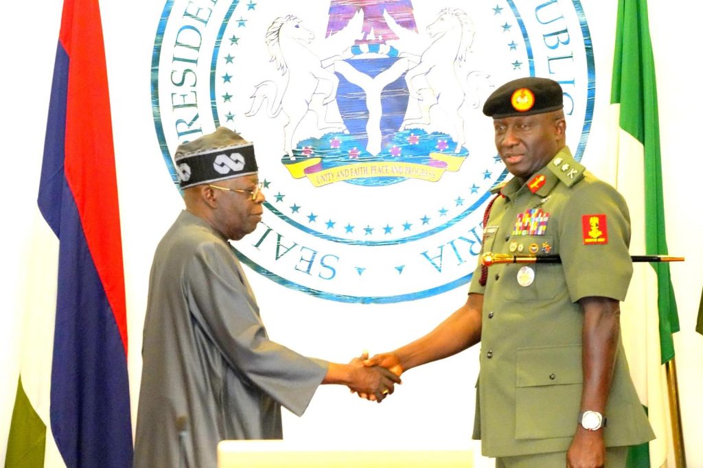 L-R: President Bola Ahmed Tinubu, Congratulating the Newly appointed Chief of Army Staff, Lieutenant General Waidi Shaibu, at the Presidential Villa Abuja