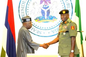L-R: President Bola Ahmed Tinubu, Congratulating the Newly appointed Chief of Army Staff, Lieutenant General Waidi Shaibu, at the Presidential Villa Abuja