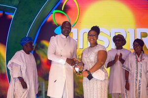 Emeritus Professor Olu Obafemi, member, The Nigeria Prize for Literature (NPL) Advisory Board; Philip Mshelbila, NLNG MD; Oyin Olugbile, Author of ‘Sanya’ and NPL 2025 winner; Mr Olugbile; and Professor Akachi Adimora-Ezeigbo at the award of the $100,000 The Nigeria Prize for Literature to Olugbile