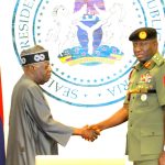 L-R: President Bola Ahmed Tinubu, Congratulating the Newly appointed Chief of Army Staff, Lieutenant General Waidi Shaibu, at the Presidential Villa Abuja