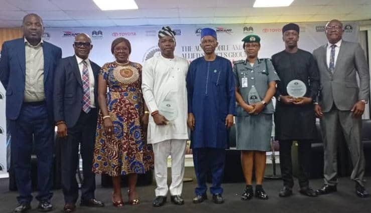 R-L: Ufuoma Umukoro, Director of Sales, Coscharis Motors; Dr Femi Eguakhide, Chairman, LCCI Auto Sub-Sectoral Group; Dr Chinyere Alumona, DG LCCI; Otunba Joseph Oluwemimo Osanipin, DG NADDC; Gabriel Idahosa, President/Chairman of Council LCCI; Assistant Comptroller of Customs, Limai Okuwakemi, representing the CG of NCS;  Syam Abdulkadir, National Operations Manager of Mikano Motors; and Otunba Kunle Jaiyesimi, Deputy Managing Director of CFAO Mobility, at the Auto Summit organised on Wednesday, October 8, 2025 in Lagos, by the LCCI Auto Sub-Sectoral Group.
