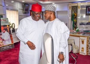 L-R: Minister of Works David Umahi, Kaduna Governor Uba Sani