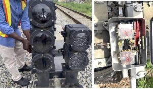 Vandalised signal, communication equipment.