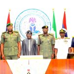 L-R: Chief of Defence Intelligence, Lieutenant General Emmanuel Undiandeye; Chief of Defence Staff, General Olufemi Olatubosun Oluyede; President Bola Ahmed Tinubu; Chief of Army Staff, Lieutenant General Waidi Shaibu; Chief of Naval Staff, Vice Admiral Idi Abbas and Chief of Air Staff, Air Marshal Sunday Kevin Aneke, during their Decoration Ceremony of the Newly appointed Service Chiefs at the Presidential Villa Abuja, Thursday, October 30, 2025