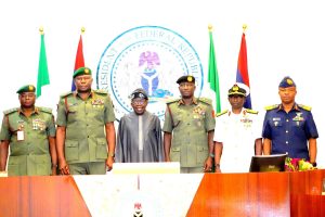 L-R: Chief of Defence Intelligence, Lieutenant General Emmanuel Undiandeye; Chief of Defence Staff, General Olufemi Olatubosun Oluyede; President Bola Ahmed Tinubu; Chief of Army Staff, Lieutenant General Waidi Shaibu; Chief of Naval Staff, Vice Admiral Idi Abbas and Chief of Air Staff, Air Marshal Sunday Kevin Aneke, during their Decoration Ceremony of the Newly appointed Service Chiefs at the Presidential Villa Abuja, Thursday, October 30, 2025