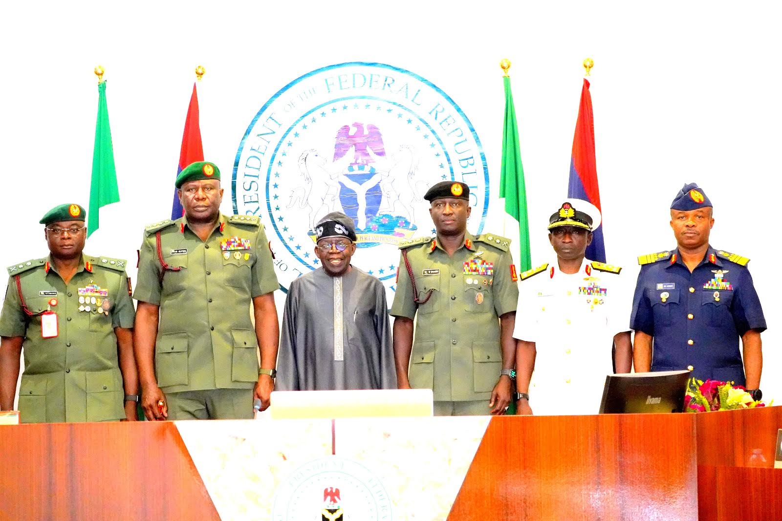 L-R: Chief of Defence Intelligence, Lieutenant General Emmanuel Undiandeye; Chief of Defence Staff, General Olufemi Olatubosun Oluyede; President Bola Ahmed Tinubu; Chief of Army Staff, Lieutenant General Waidi Shaibu; Chief of Naval Staff, Vice Admiral Idi Abbas and Chief of Air Staff, Air Marshal Sunday Kevin Aneke, during their Decoration Ceremony of the Newly appointed Service Chiefs at the Presidential Villa Abuja, Thursday, October 30, 2025
