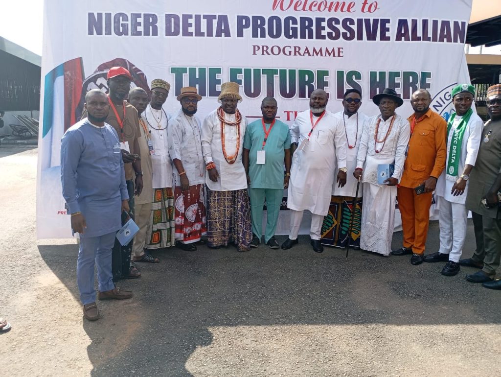 Traditional rulers of some Niger Delta communities and leadership of the Niger Delta Progressive Alliance (NPDA) at the “Future Is Here” programme organised in Asaba by NDPA to sensitize Niger Deltans on the opportunities of empowerment by the President Tinubu administration