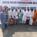 Traditional rulers of some Niger Delta communities and leadership of the Niger Delta Progressive Alliance (NPDA) at the “Future Is Here” programme organised in Asaba by NDPA to sensitize Niger Deltans on the opportunities of empowerment by the President Tinubu administration