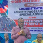 L-R: Prof Dauphin Moro, the PAP Administrator, Dr Dennis Otuaro, and the Founder/President of Ijaw Monitoring Group, Chief Joseph Eva, during a town hall meeting with Niger Deltans residing in Lagos, on Saturday, 15 October, 2025:
