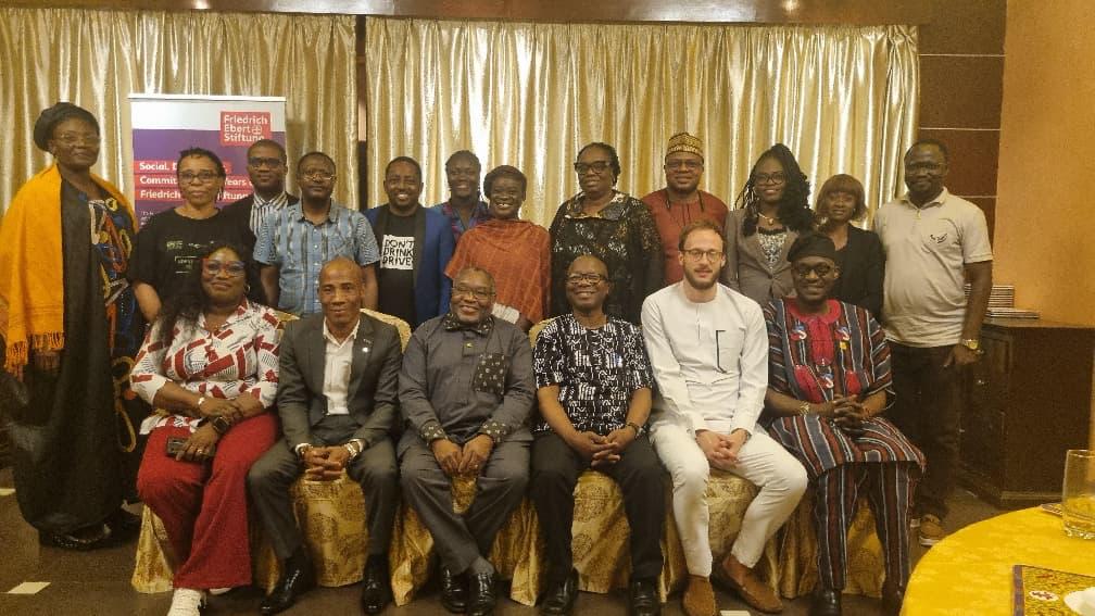 Prof. David Luke of the London School of Economics and Political Sciences (middle) with  key stakeholders and participants at the launch of his new book, “How Africa Eeats” and presentation of a new study on Africa’s food insecurity, organised by the Friedrich-Ebert-Stiftung (FES) in Lagos.