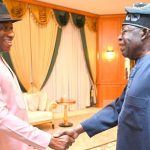 Ex-President Goodluck Jonathan (L) received by President Bola Tinubu (R) at State House, Abuja