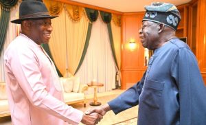 Ex-President Goodluck Jonathan (L) received by President Bola Tinubu (R) at State House, Abuja
