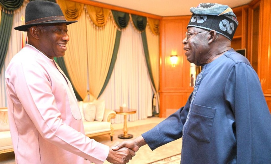 Ex-President Goodluck Jonathan (L) received by President Bola Tinubu (R) at State House, Abuja