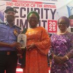 Vice Chancellor of LASUED Prof. Lafiaji-Okuneye (middle) presents plaque to IGP Mr. Egbetokun (left) and Chairman, Teaching Service Commission, Mrs. Victoria Peregrino (right) at LASUED security summit on Thursday, November 4, 2025