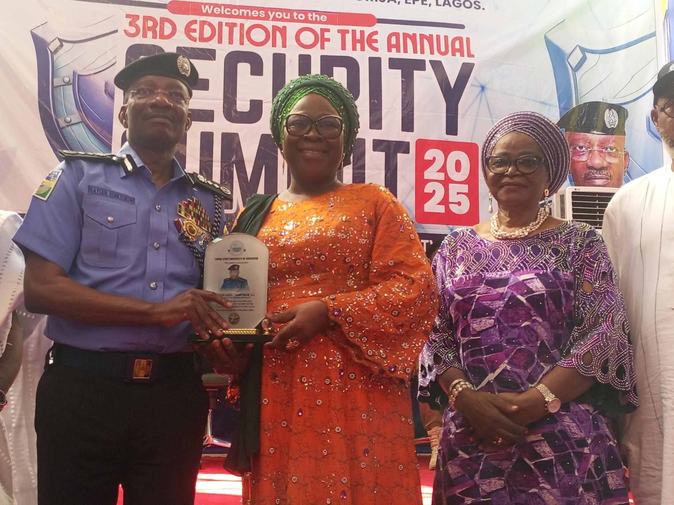Vice Chancellor of LASUED Prof. Lafiaji-Okuneye (middle) presents plaque to IGP Mr. Egbetokun (left) and Chairman, Teaching Service Commission, Mrs. Victoria Peregrino (right) at LASUED security summit on Thursday, November 4, 2025