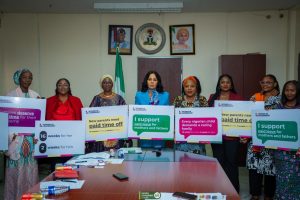 -R: Director – Gender Affairs Department, Nigeria Governors’ Forum and CEO Governors’ Spouses Forum, Hauwa Haliru, Founder WILAN Global, Abosede George-Ogan, Founder and chairperson of Women in Successful Careers – WISCAR, Amina Oyagbola, Executive Director for WIMBIZ – Women in Management, Business and Public Service; Omowunmi Akingbohungbe, Executive Secretary – Women in Successful Careers, WISCAR, Ekemini Akpakpan  and Technical Team Lead Gender Affairs Department, Nigeria Governors’ Forum,  Rachael Pinda, during an advocacy visit by WILAN, WIMBIZ, WISCAR, the Nigerian Governors’ Forum to the ministry on Thursday